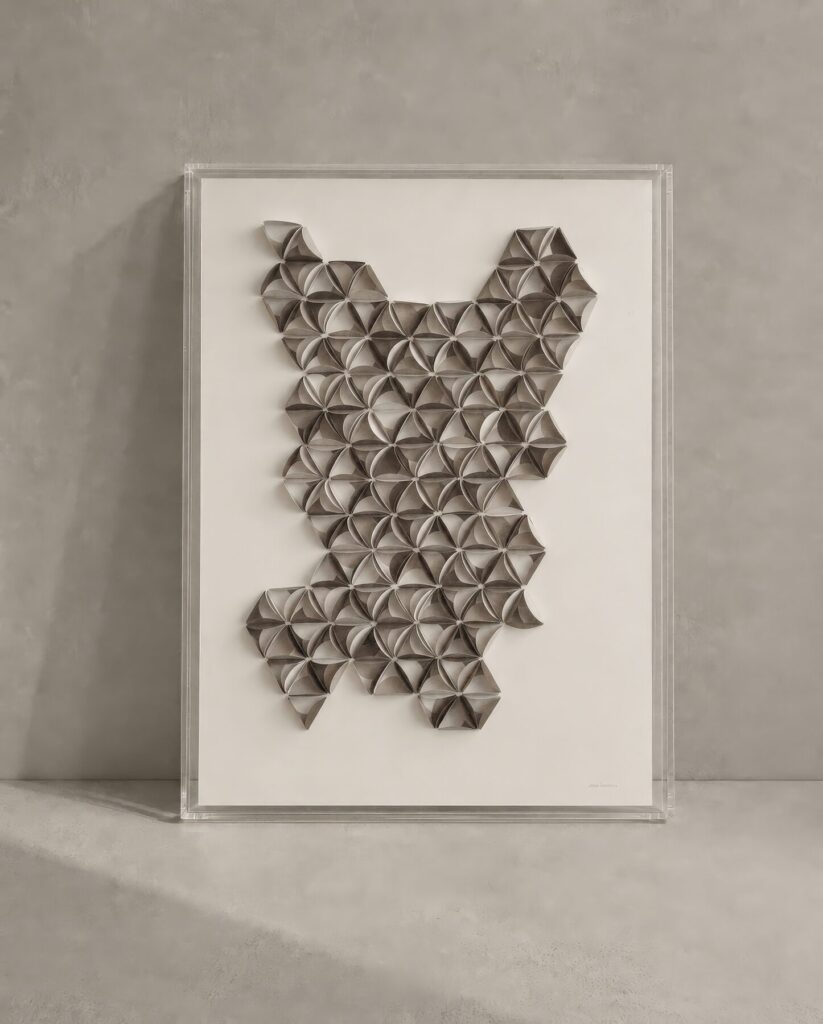 Cuadro de relieve geométrico en tonos gris y beige, hecho a mano