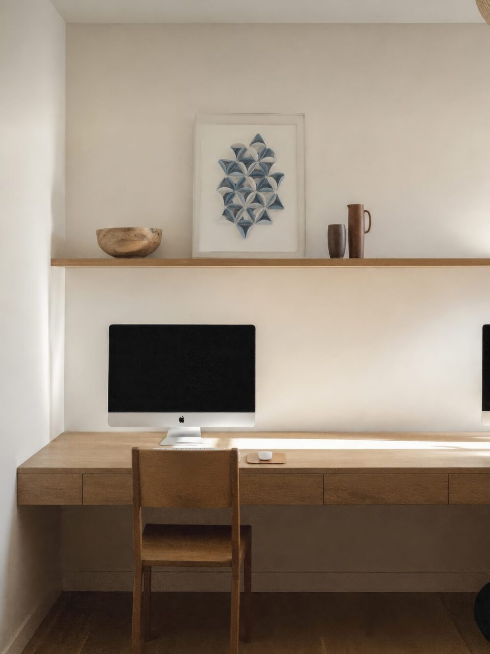 Cuadro de relieve azul y blanco sobre un escritorio con repisa de madera