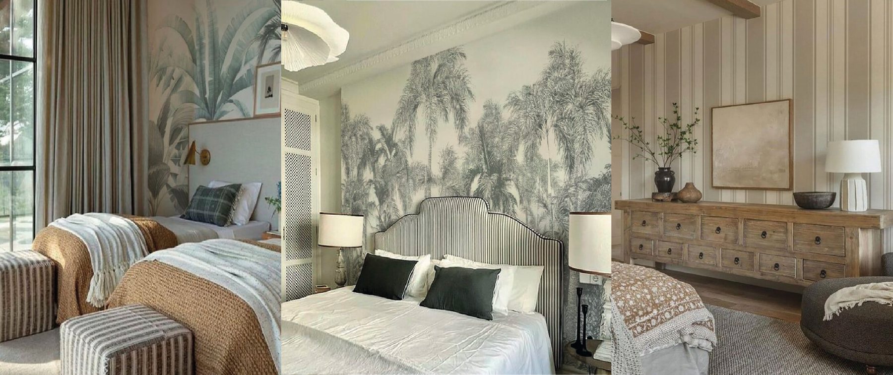 Dormitorio con papel mural en tonos suaves y textiles de lino
