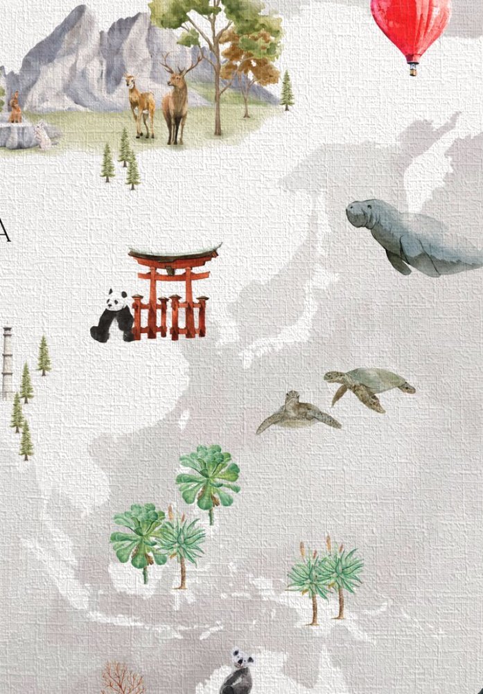 Acercamiento del papel mural MAPA MUNDI GRIS donde se aprecia la textura