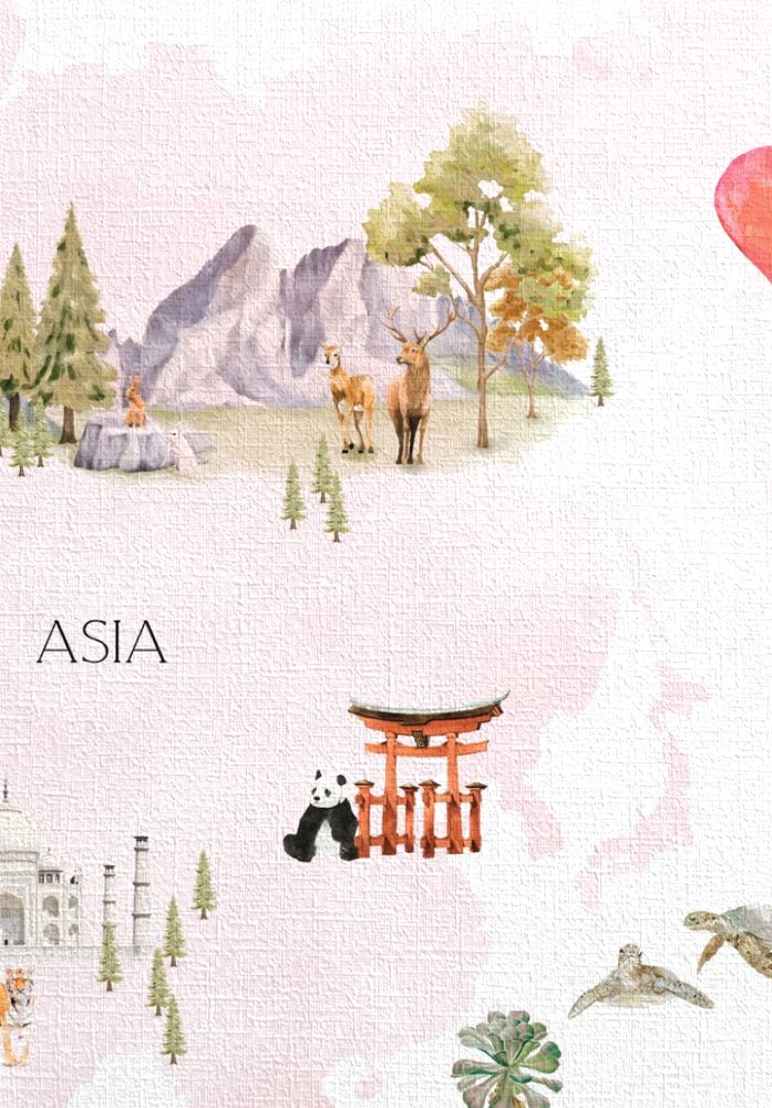 Acercamiento del papel mural MAPA MUNDI ROSA donde se aprecia la textura
