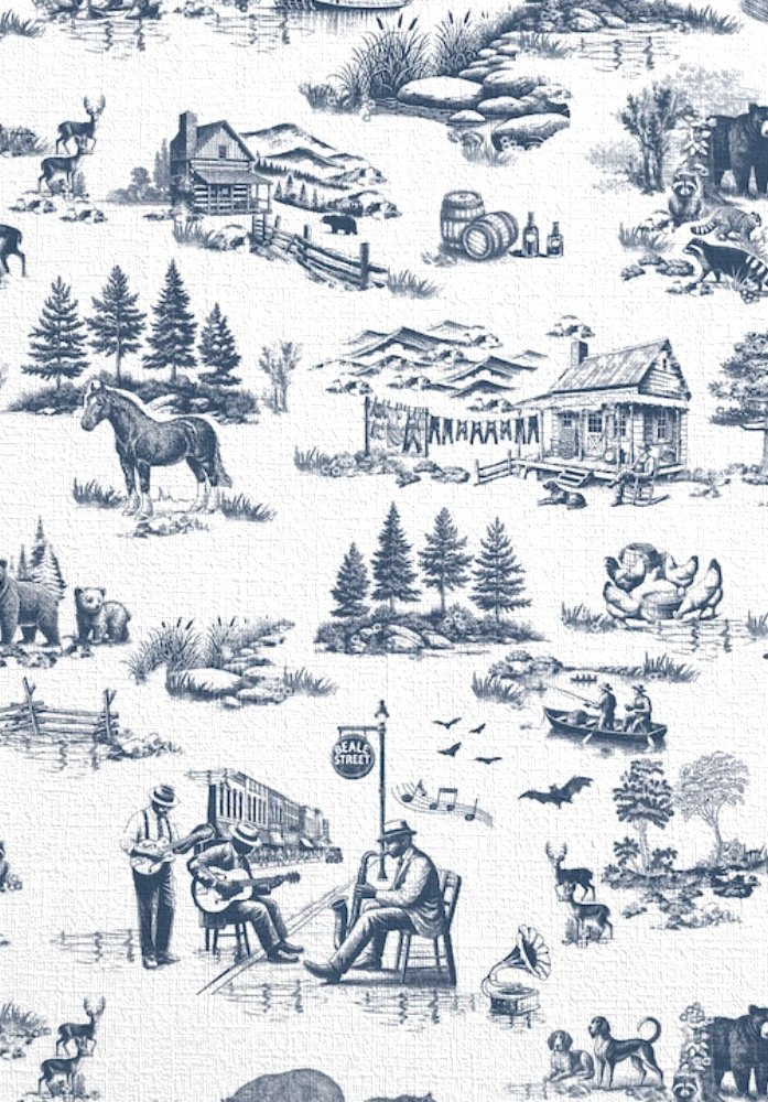 Acercamiento del papel mural TOILE DE JOUY donde se aprecia la textura