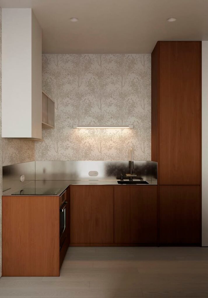 Papel mural Lucierne Blanco en cocina con muebles de madera
