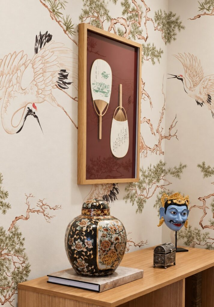 Papel mural Garza en un pasillo con consola de madera y cuadro de abanicos japoneses